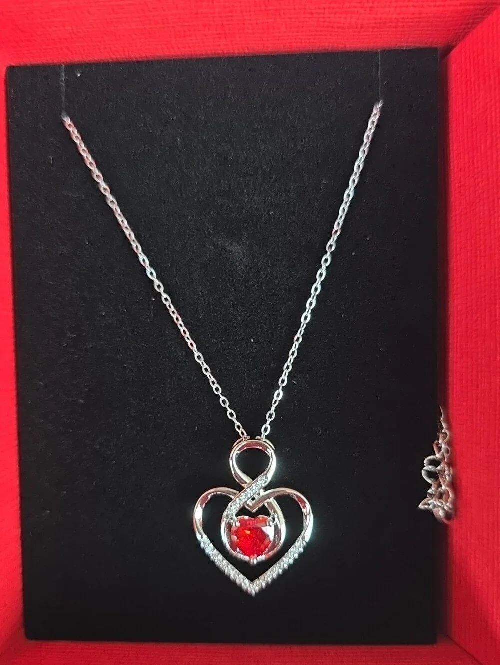 Silver Heart Pendant Necklace with Red Gem